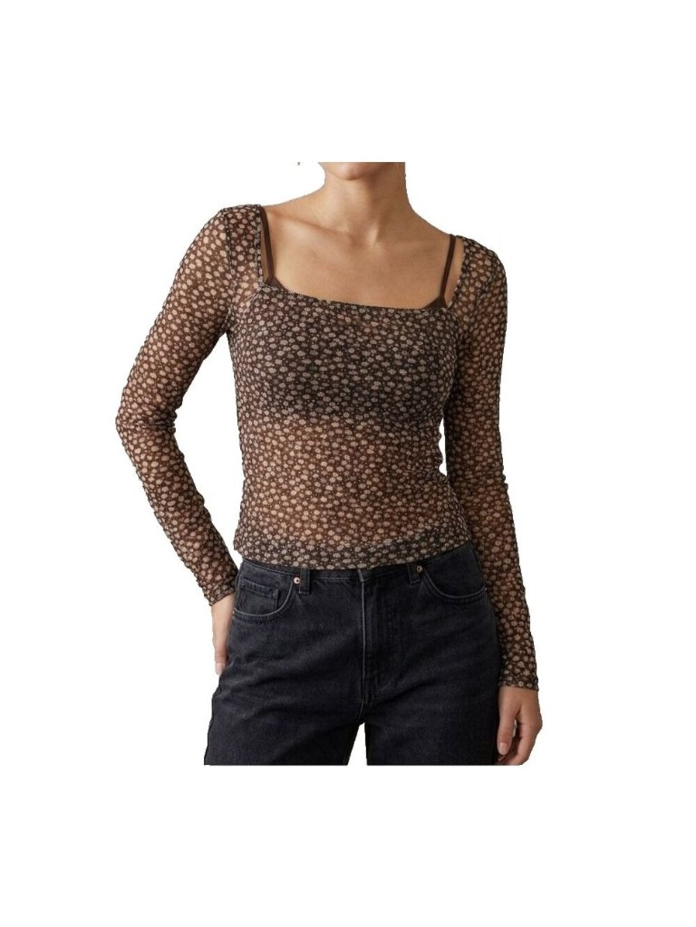 Women's Med Semi Sheer Disty Floral Blouse Peasant Y2K Stretch